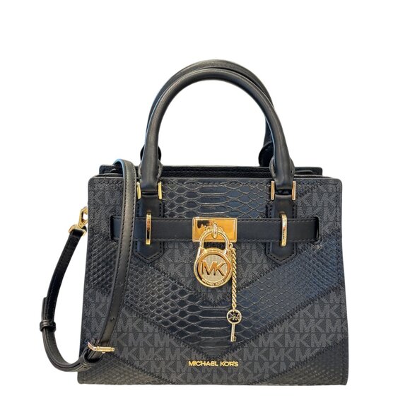 Michael Kors Hamilton Small Satchel Shoulder Bag MK Black Multi Embossed Exotic